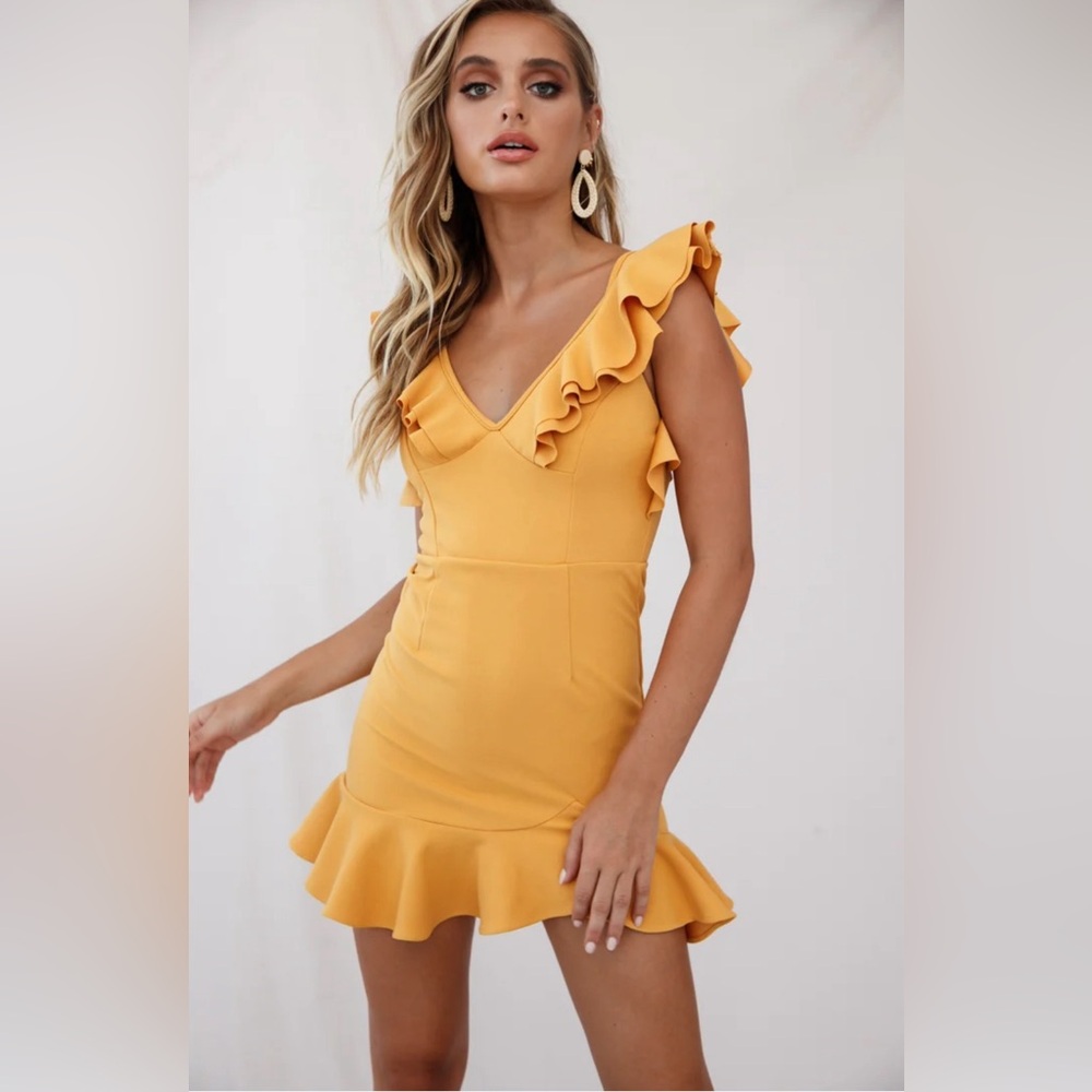 Selfie Leslie pearl ruffle strap mini dress mustard. Size XS.